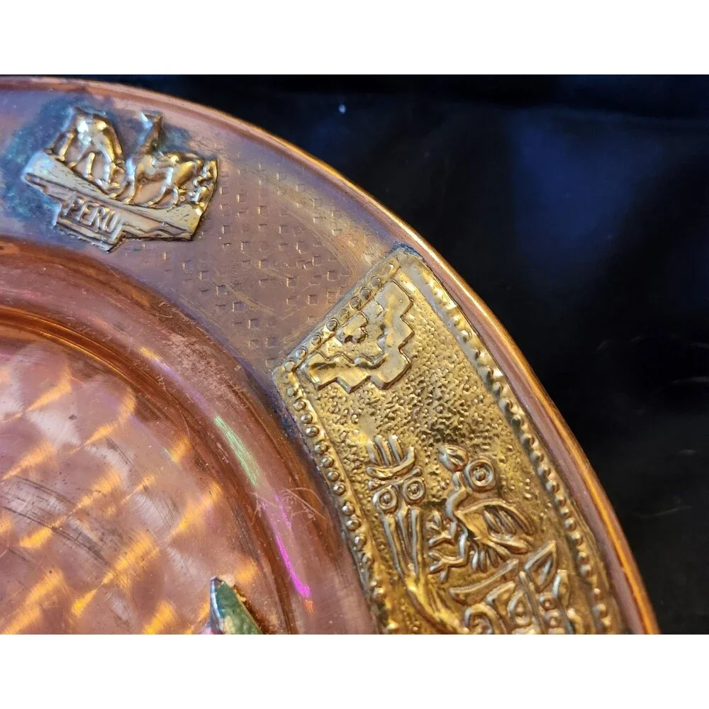 Vintage Peru Copper Metal Decorative Plate Handpainted